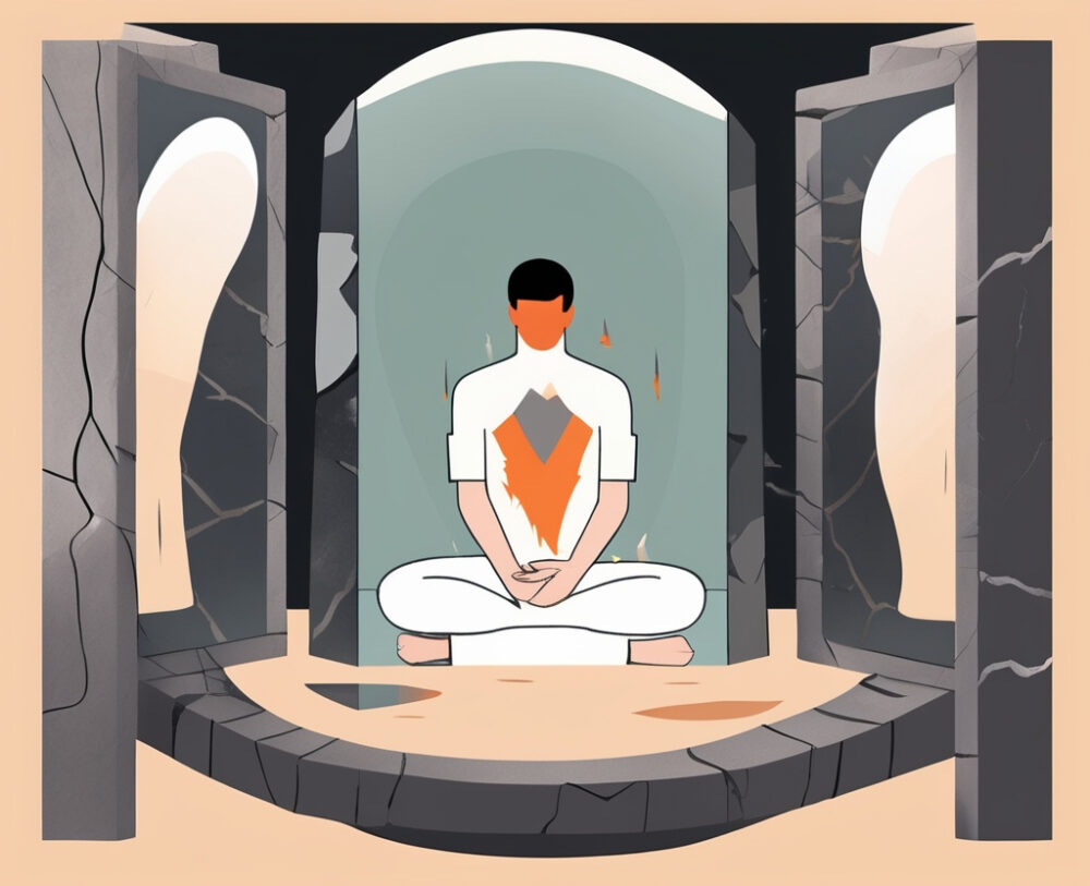 man standing before two layered mirrors — one shattered and smoky, showing multiple versions of himself performing various societal roles (provider, protector, lover, hero), and the other clean and glowing, showing a calm, bare-souled version of him simply sitting with eyes closed and hand over heart.