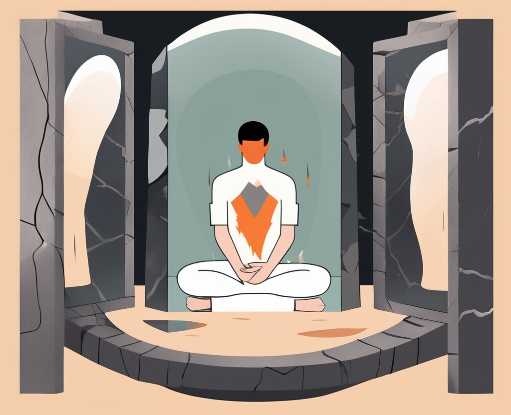 man standing before two layered mirrors — one shattered and smoky, showing multiple versions of himself performing various societal roles (provider, protector, lover, hero), and the other clean and glowing, showing a calm, bare-souled version of him simply sitting with eyes closed and hand over heart.