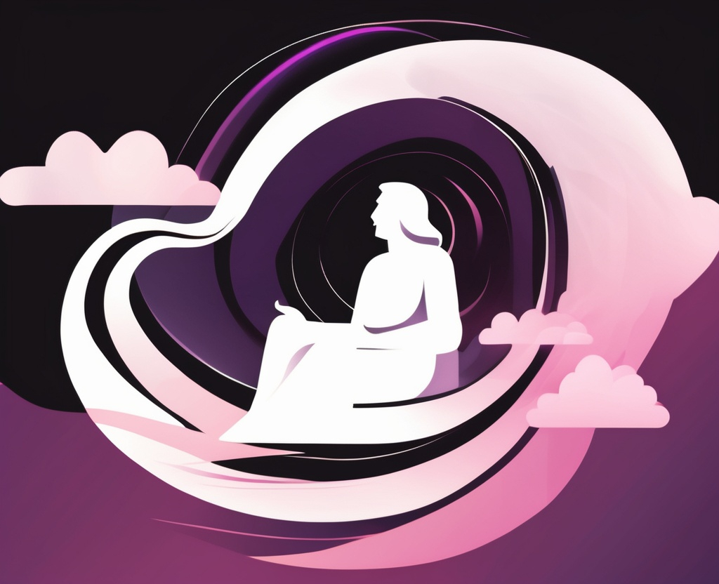 A radiant, seated Christ figure formed from clouds and light, with his mouth gently open, exhaling a spiraling, translucent ribbon of light—a symbolic spirit resembling a flowing spiral or DNA strand.
