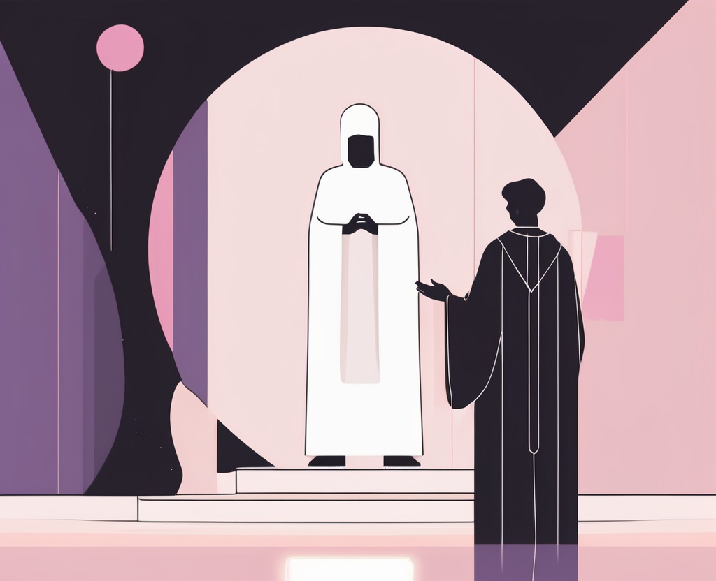 A human figure in robes, abstract and faceless, stands calmly with his hand outstretched, offering a small ring to another figure standing before him. The ring, dark and small, subtly glows—symbolizing hidden power.