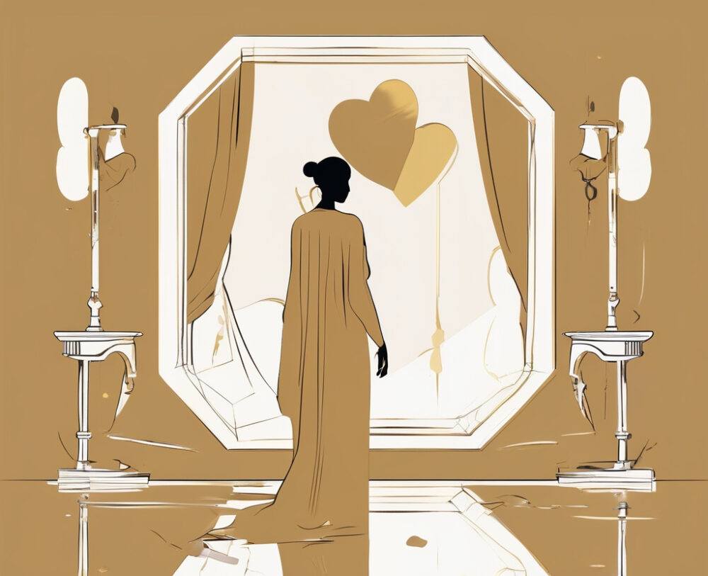 a solitary woman in a simple, flowing garment stands before an ancient, soft-edged mirror. Her reflection reveals not her outer beauty, but layered symbolic images: one side shows a crown and open heart, the other side shows crutches made of gold and shadowy dependency hands.