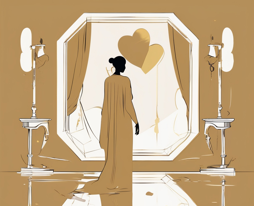 a solitary woman in a simple, flowing garment stands before an ancient, soft-edged mirror. Her reflection reveals not her outer beauty, but layered symbolic images: one side shows a crown and open heart, the other side shows crutches made of gold and shadowy dependency hands.