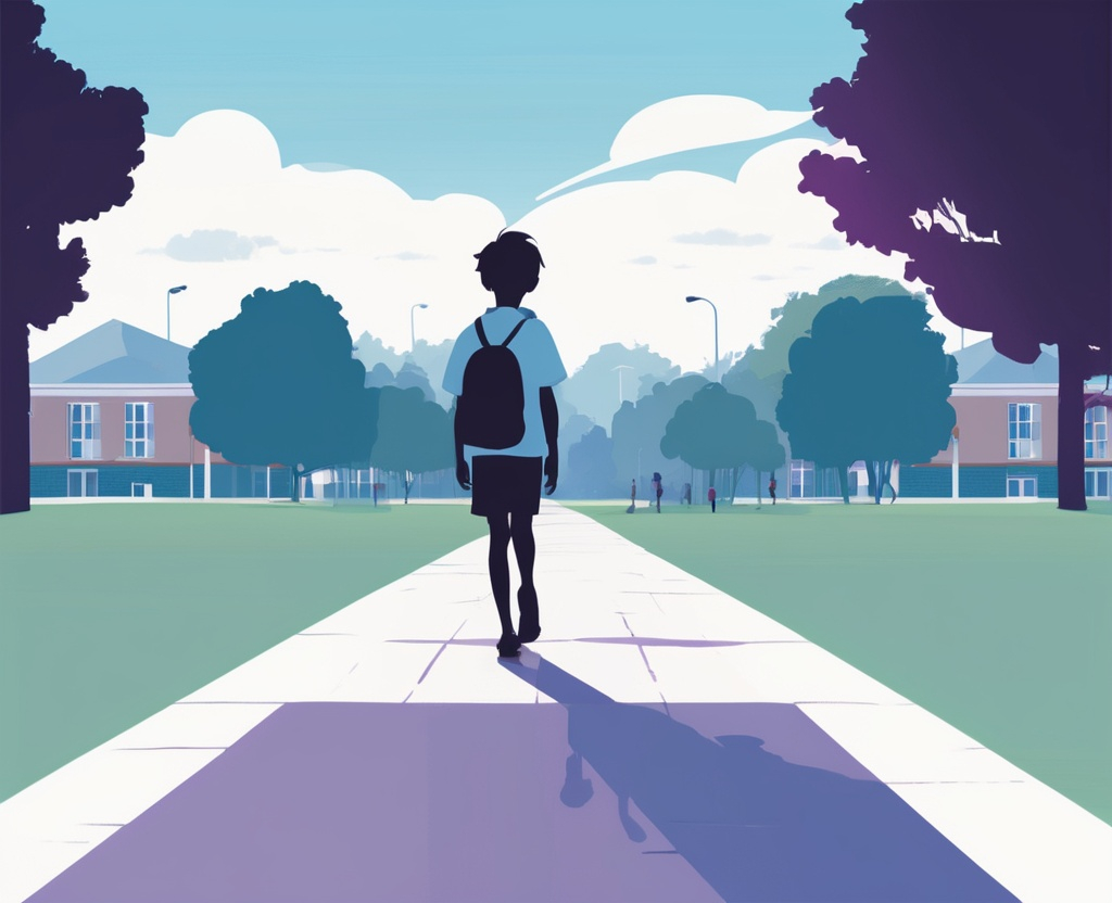 A young boy in a tucked-in school uniform (white-and-blue checkered short-sleeved shirt and sky-blue shorts), walking alone on a long school path. The Encounter UFO Abduction or Divine Visitation