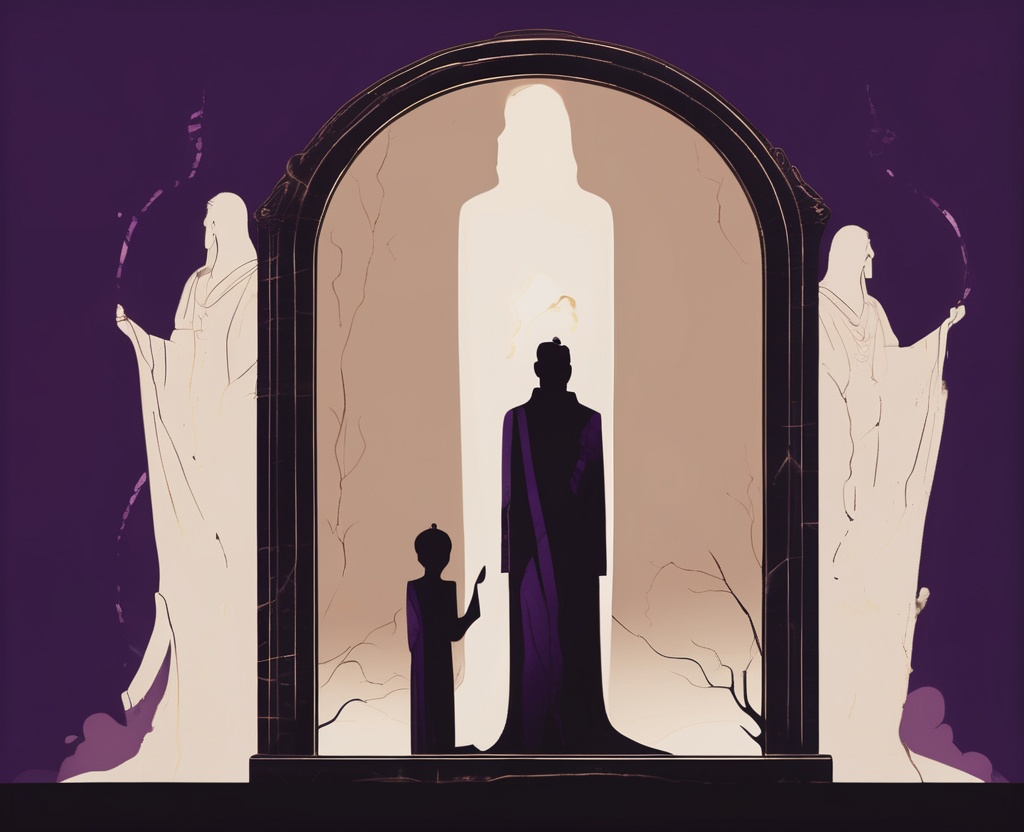 A father figure stands before a tall ancient mirror carved from darkened scroll-stone, glowing subtly with deep amethyst and sepia tones. In the reflection: not his face, but the blurred silhouettes of a son and a daughter — one bearing light, the other holding a cracked crown. His hands are open, not commanding, but unsure — hovering over a toolbox labeled “Tradition”, “Power”, “Silence”, and “Wounds.”