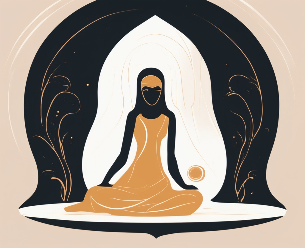 A graceful mother figure sits quietly before a large, glowing ancient mirror that resembles a scroll or pool of light. The mirror does not show her outer appearance, but reflects the shadow and light of her children: one child crowned with truth, another half-shrouded in burden. Floating symbols of heart, chains, and wings hover subtly around them, representing love, control, and freedom.